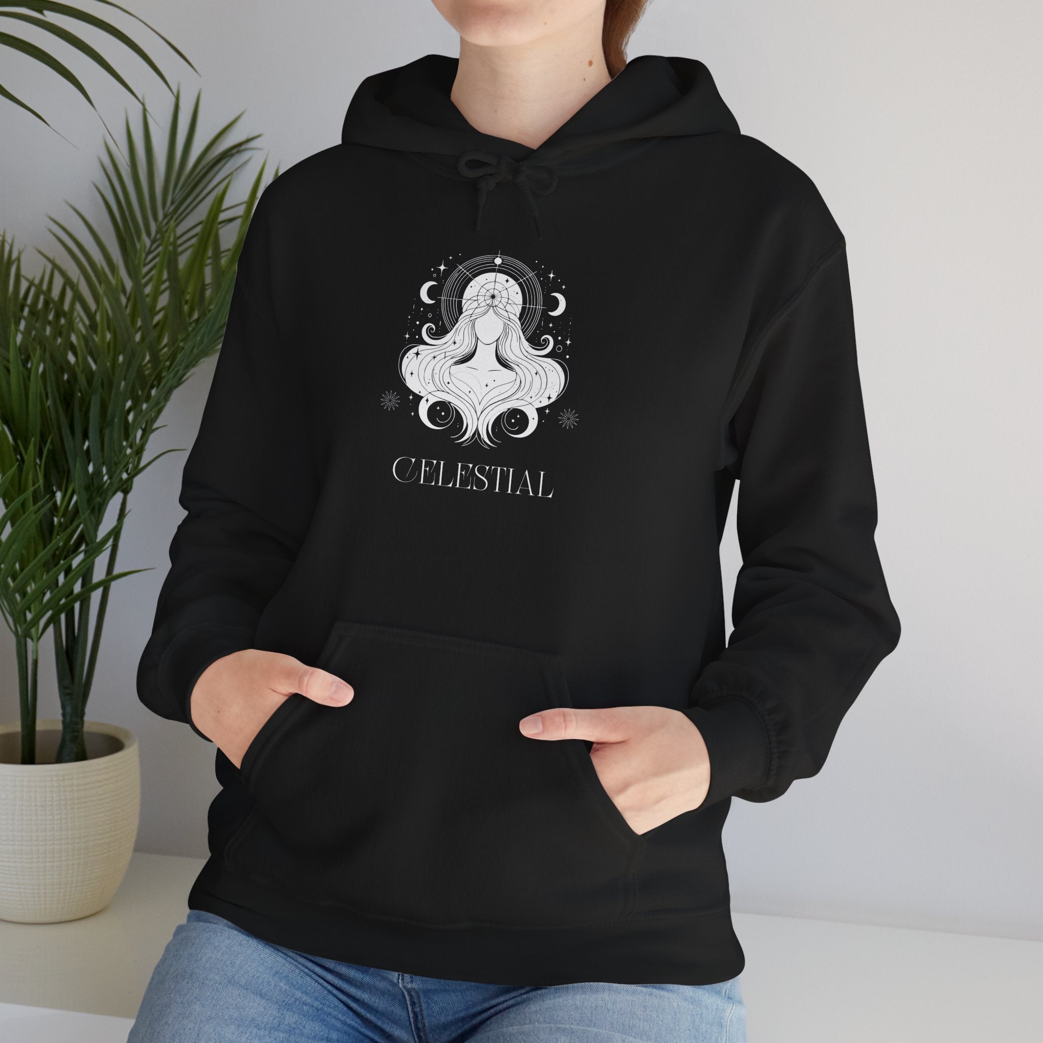 Celestial Goddess Hoodie — Mystical Moon & Star Graphic Sweatshirt