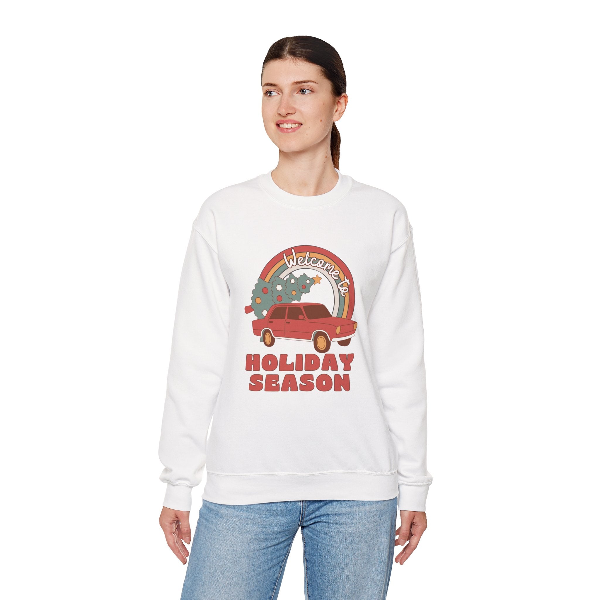 Holiday Season Sweatshirt — Retro Car & Tree Christmas Crewneck