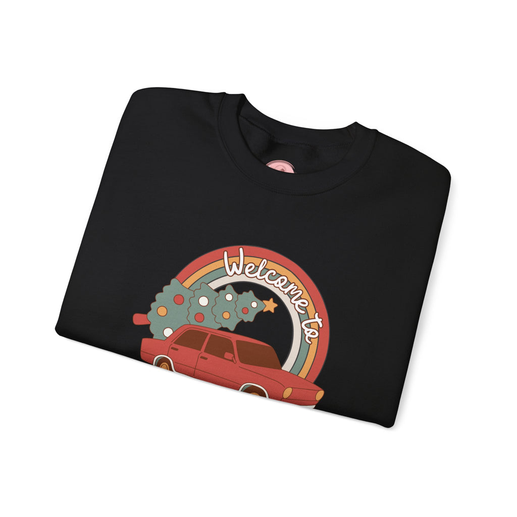 Holiday Season Sweatshirt — Retro Car & Tree Christmas Crewneck