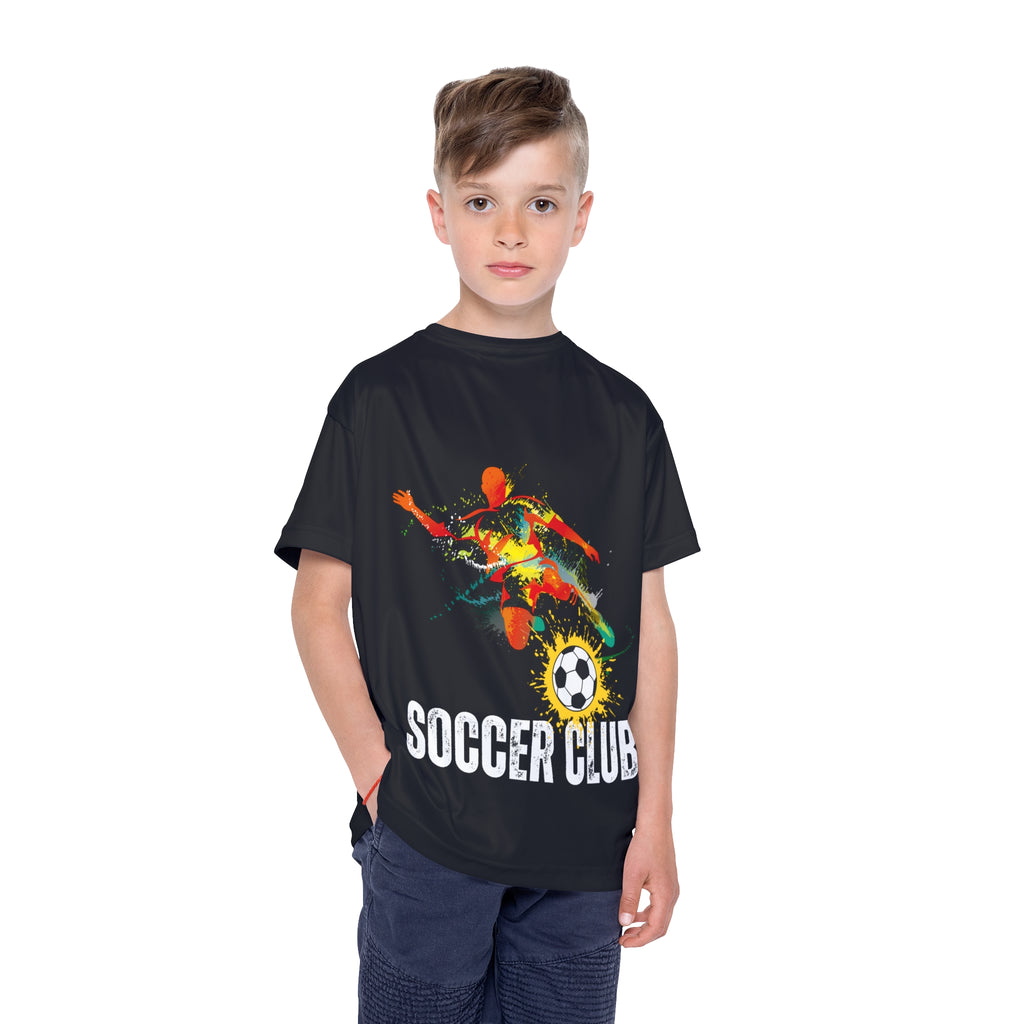 Black Kids Soccer Club Jersey — Colorful Action Graphic Youth Sports Tee
