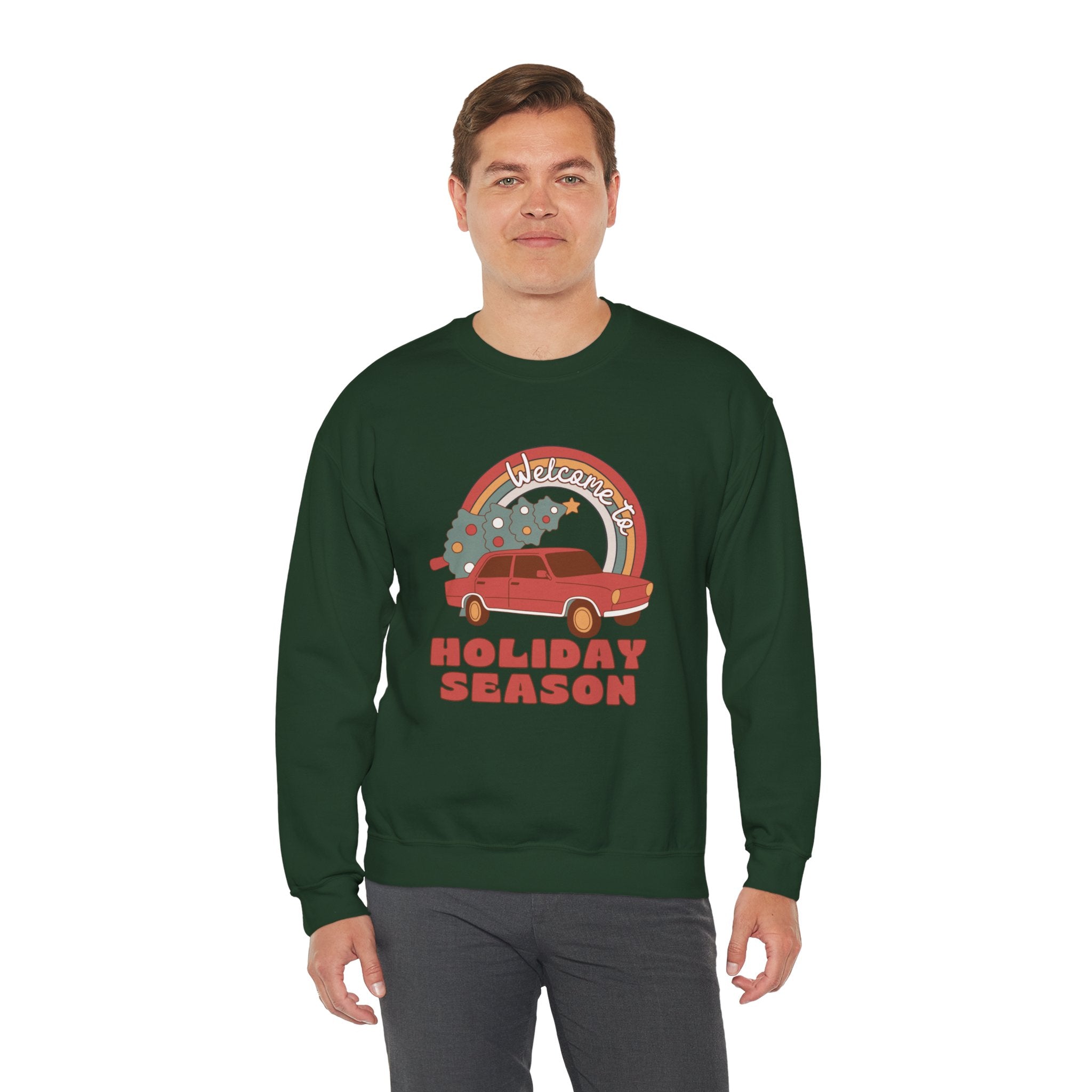 Holiday Season Sweatshirt — Retro Car & Tree Christmas Crewneck
