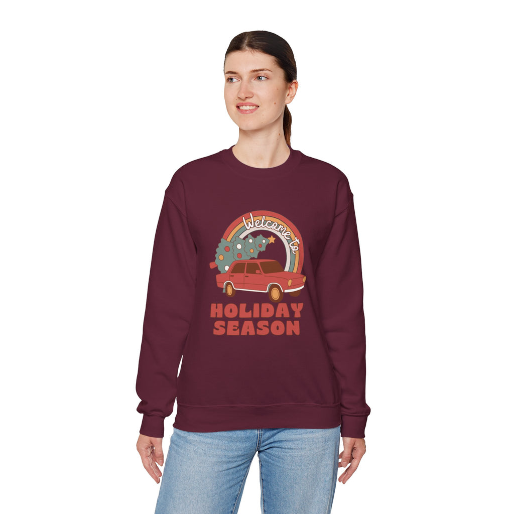 Holiday Season Sweatshirt — Retro Car & Tree Christmas Crewneck