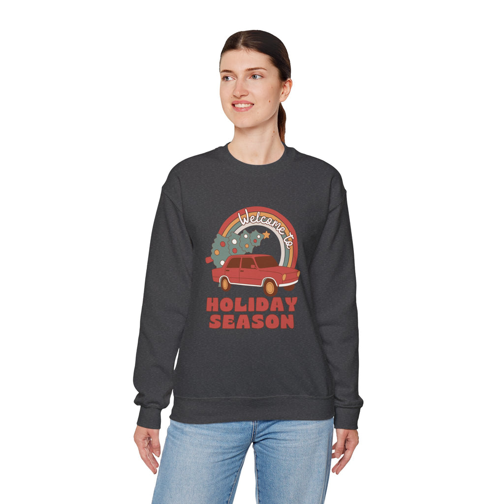 Holiday Season Sweatshirt — Retro Car & Tree Christmas Crewneck