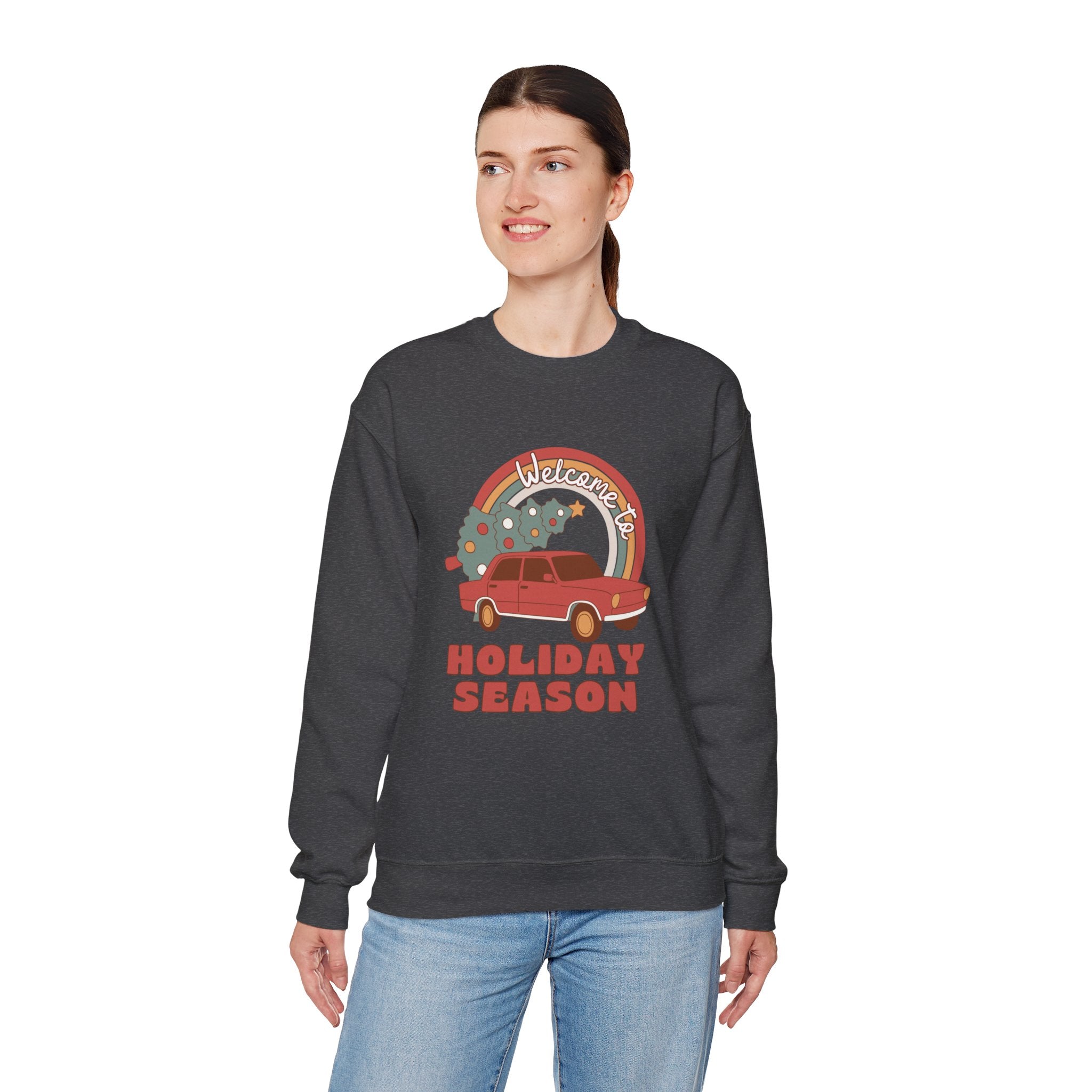 Holiday Season Sweatshirt — Retro Car & Tree Christmas Crewneck