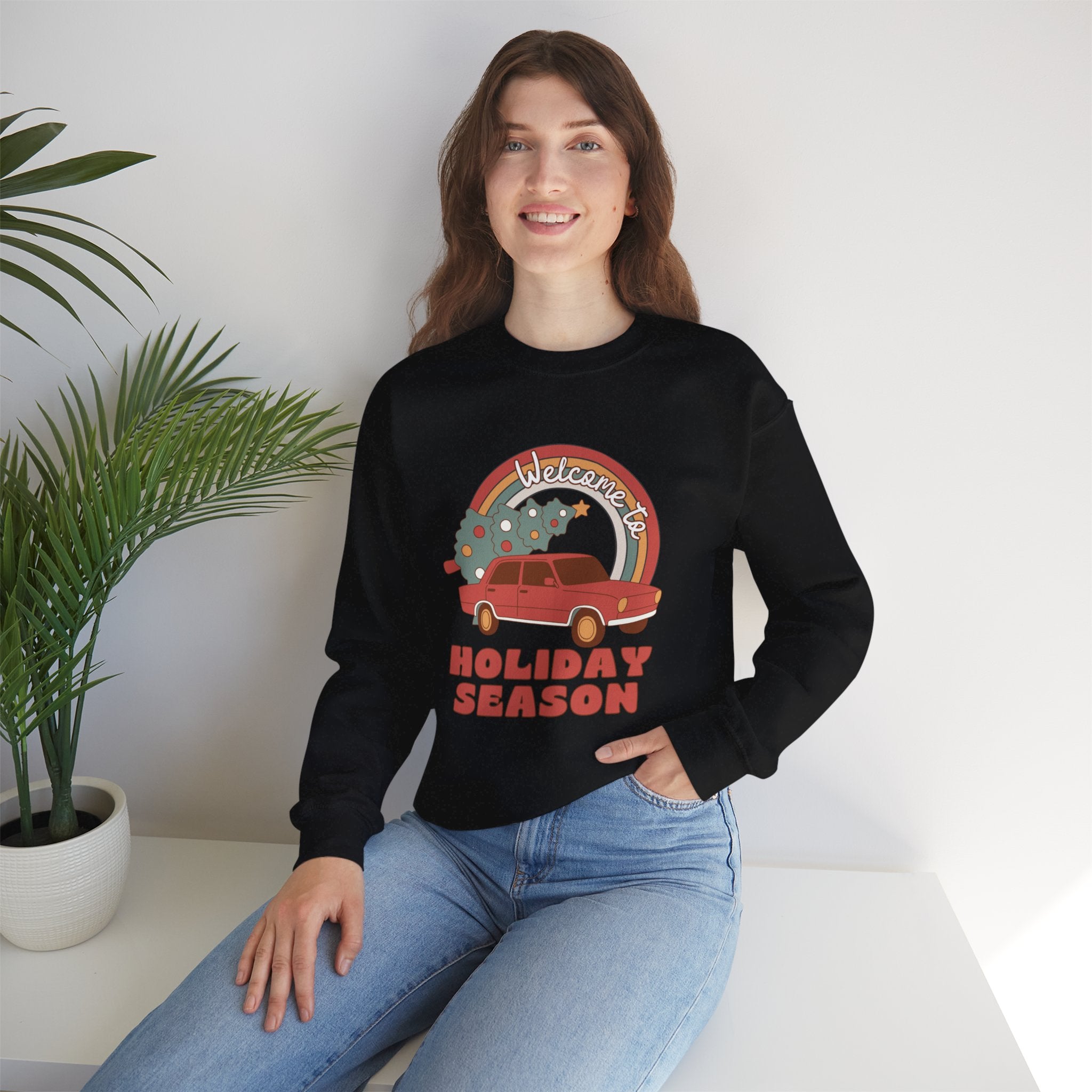 Holiday Season Sweatshirt — Retro Car & Tree Christmas Crewneck