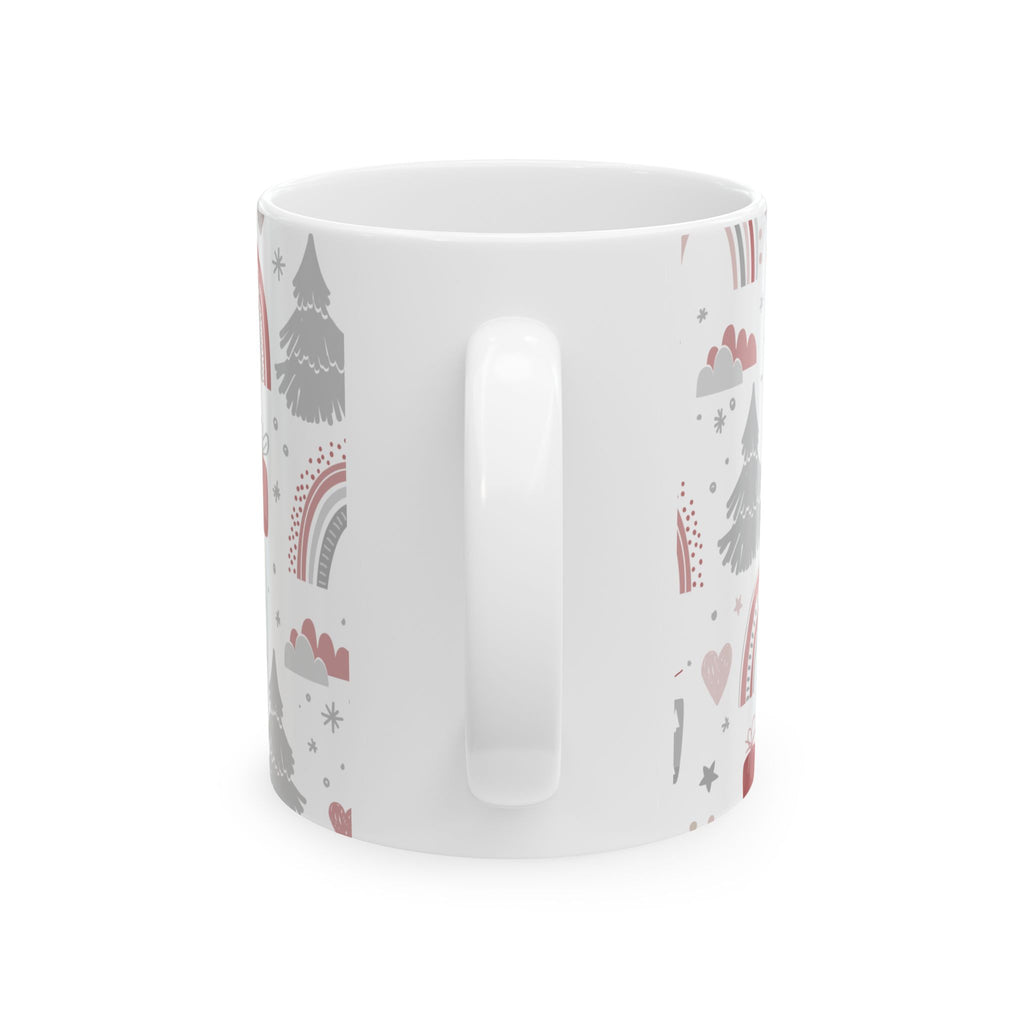 Holiday Whimsy Ceramic Mug (11oz, 15oz) - Hand-Drawn Rainbows and Pine Silhouettes