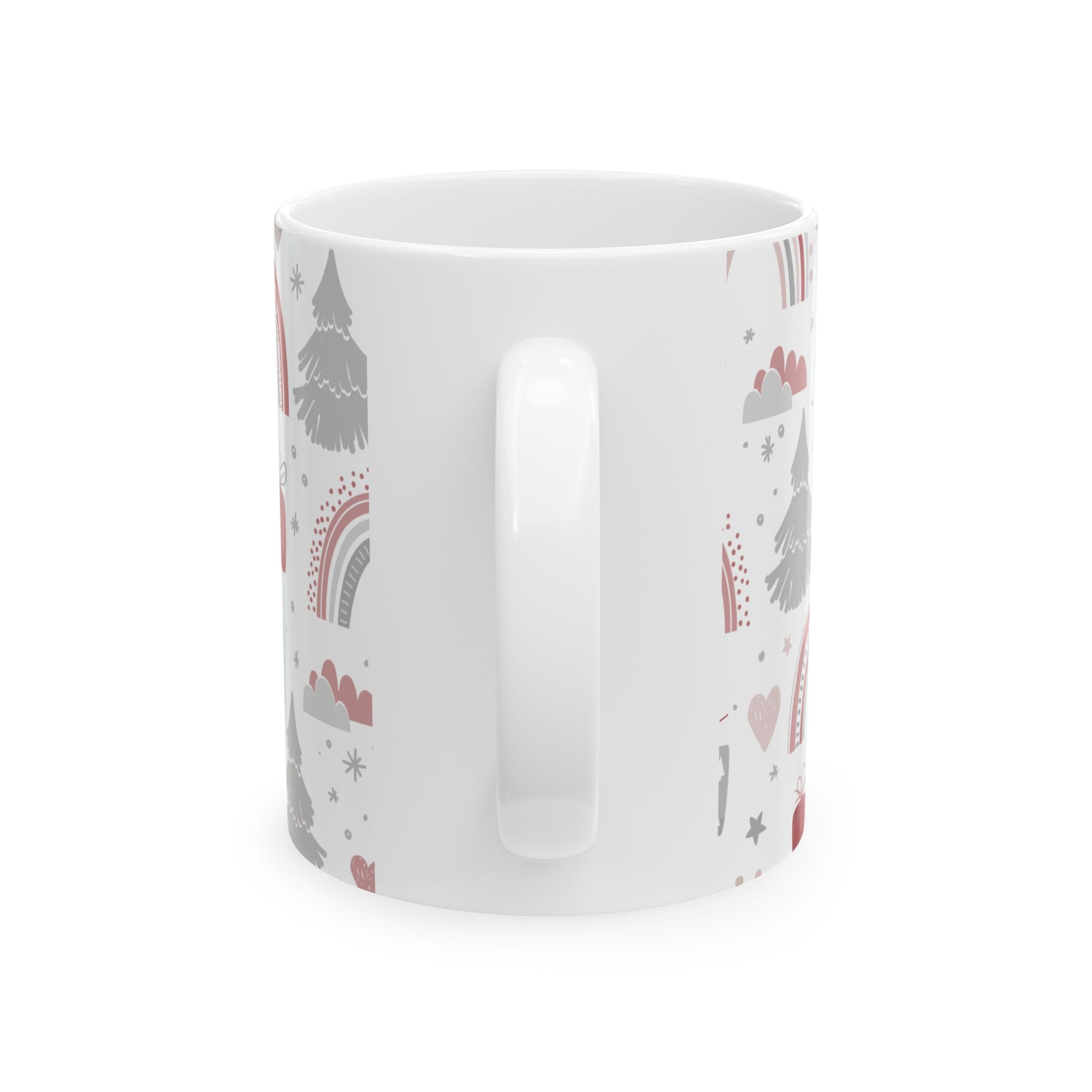 Holiday Whimsy Ceramic Mug (11oz, 15oz) - Hand-Drawn Rainbows and Pine Silhouettes
