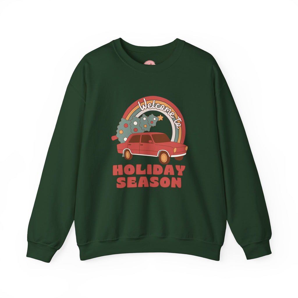 Holiday Season Sweatshirt — Retro Car & Tree Christmas Crewneck