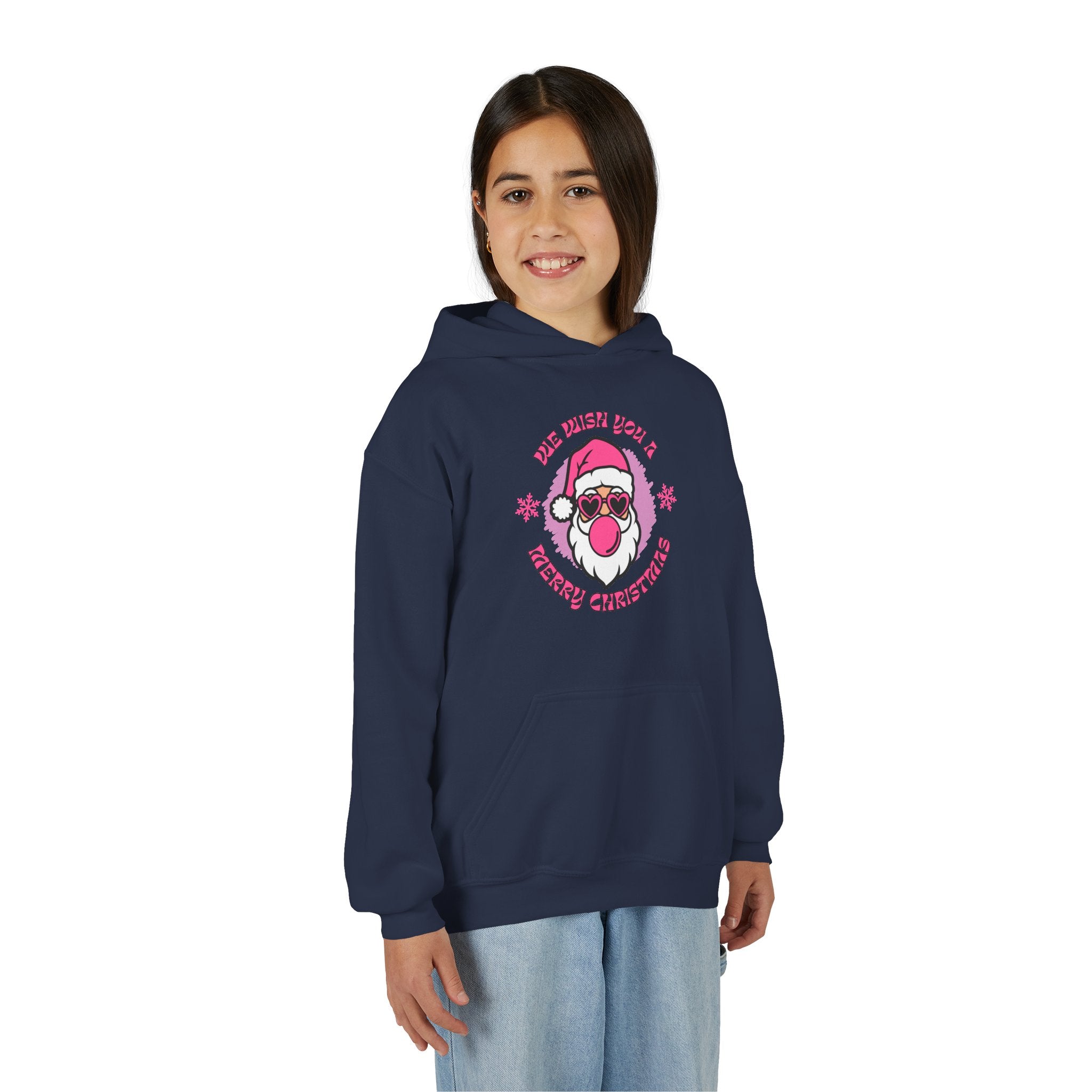 Kids Christmas Hoodie - Pink Sunglasses Santa "He Believes You" Holiday Sweatshirt