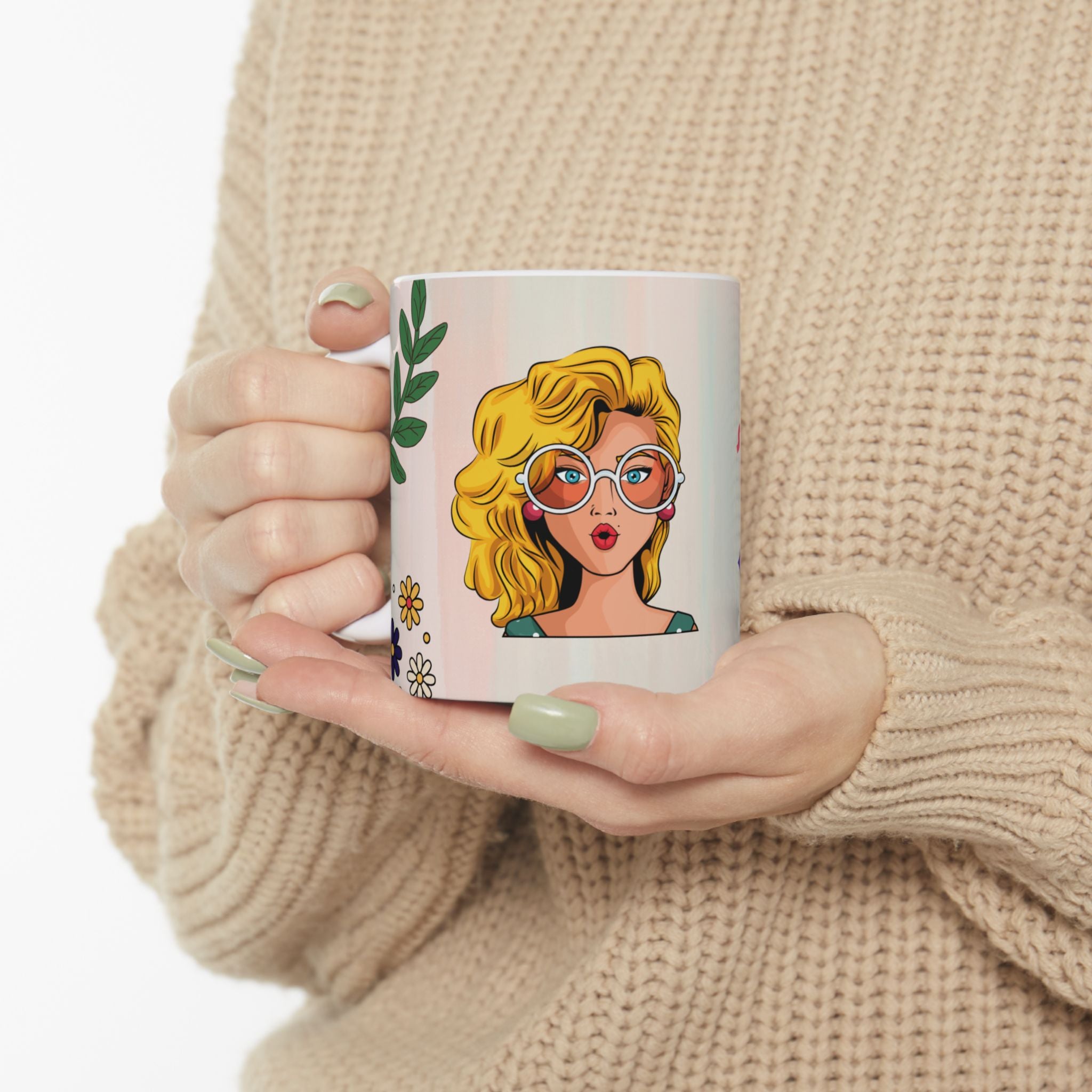 Cute Retro Pop Art Ceramic Mug – 'Chill Out' Floral Coffee Cup (11oz & 15oz)