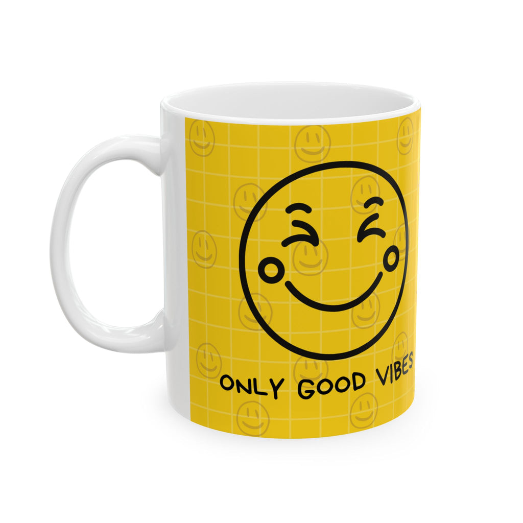 Only Good Vibes Ceramic Mug – Yellow Smiley Face Coffee Cup (11oz & 15oz)