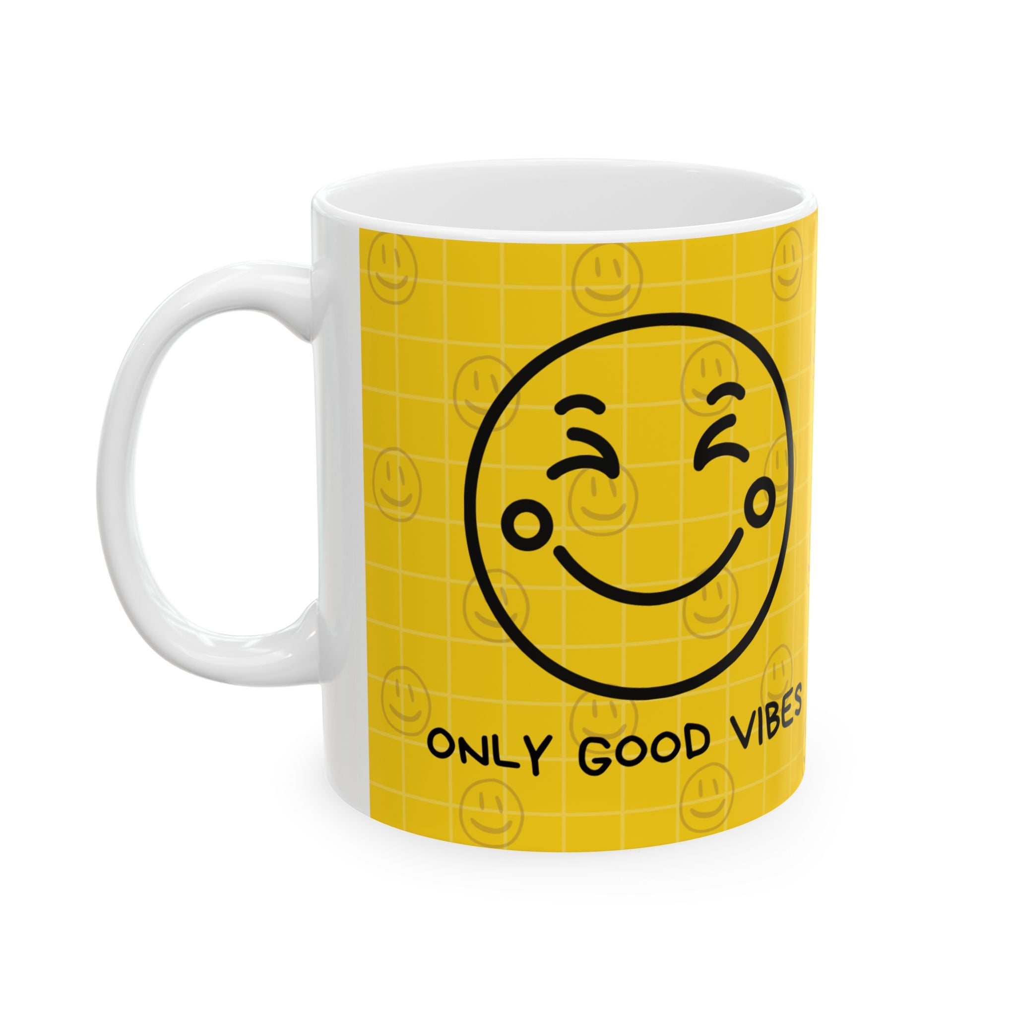 Only Good Vibes Ceramic Mug – Yellow Smiley Face Coffee Cup (11oz & 15oz)