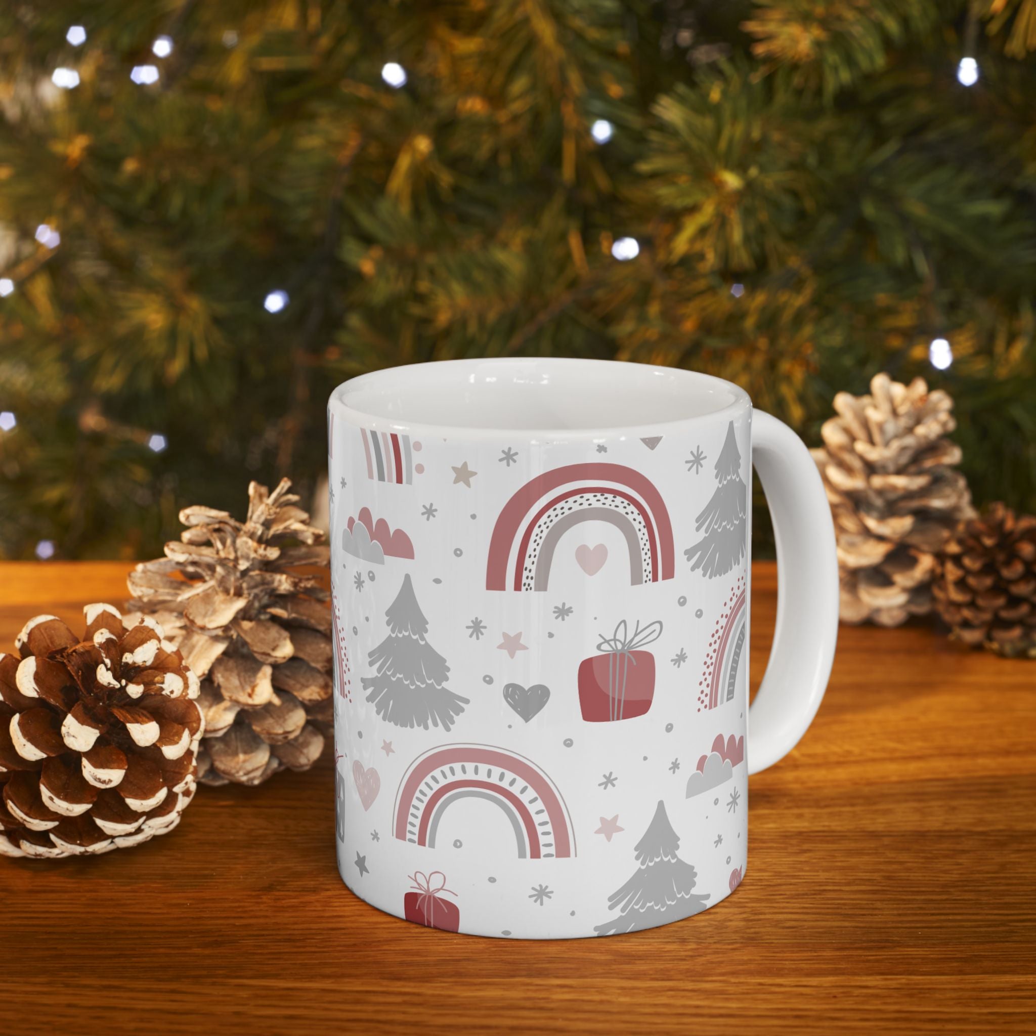 Holiday Whimsy Ceramic Mug (11oz, 15oz) - Hand-Drawn Rainbows and Pine Silhouettes