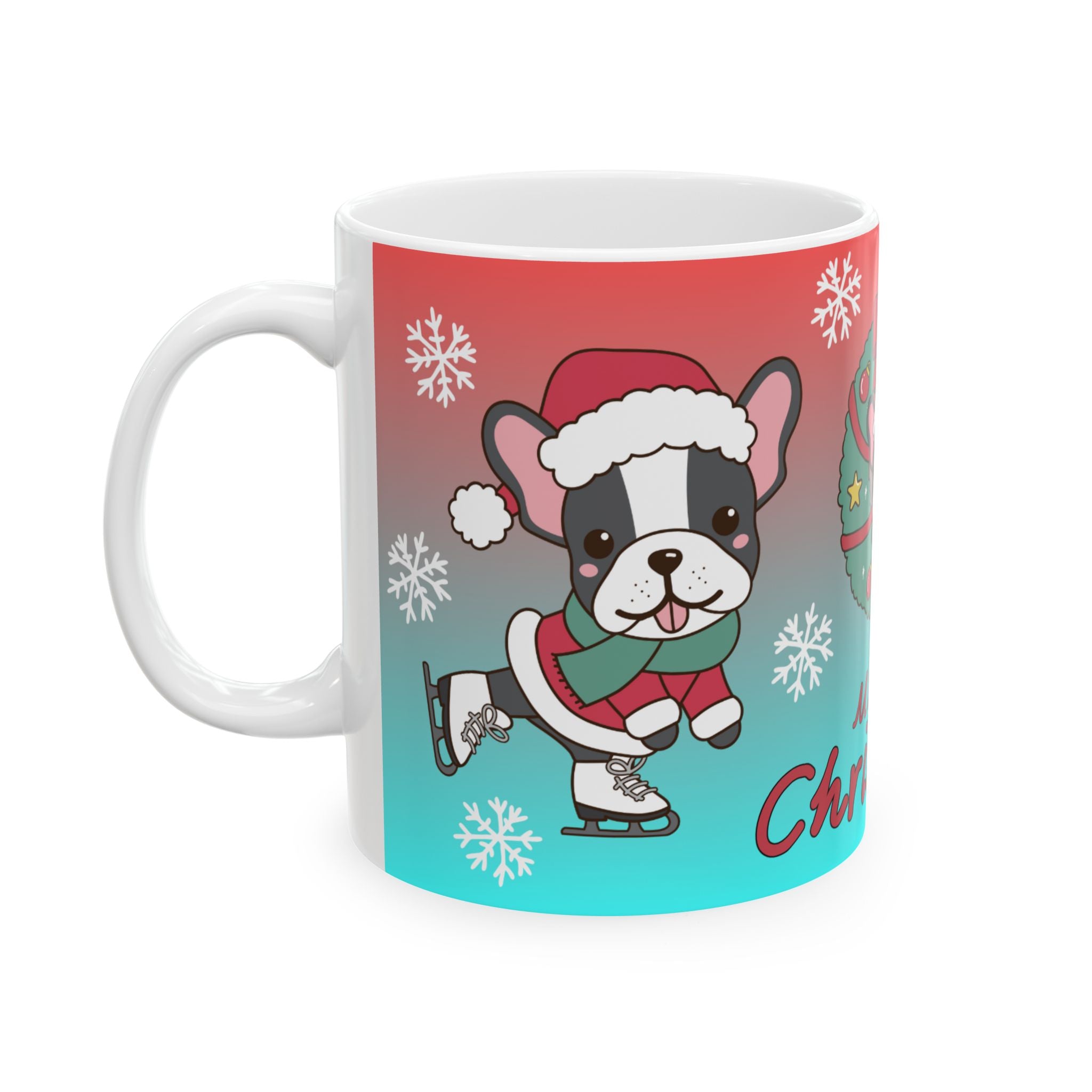 Merry Christmas Dog Holiday Mug — Cute French Bulldog in Wreath (11oz & 15oz)