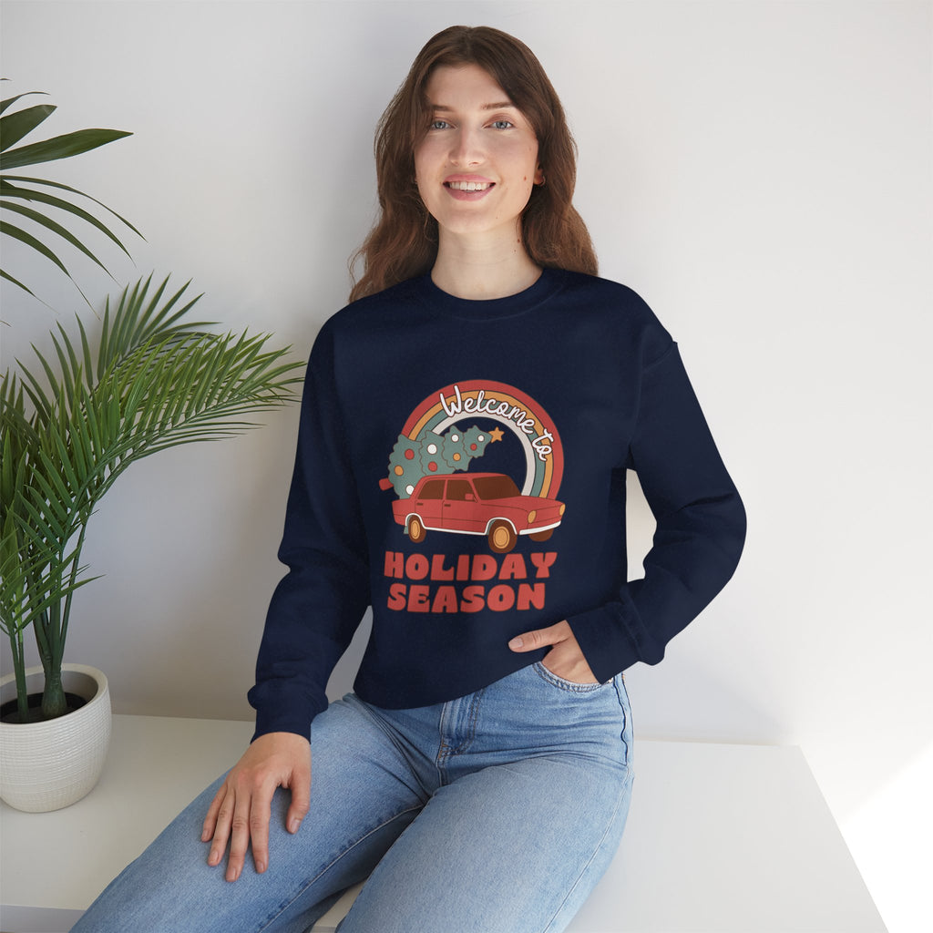 Holiday Season Sweatshirt — Retro Car & Tree Christmas Crewneck