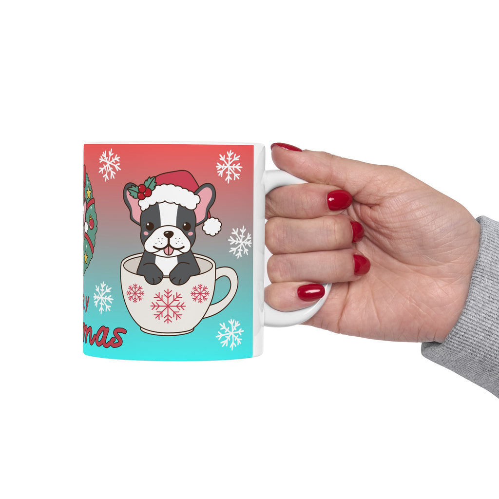 Merry Christmas Dog Holiday Mug — Cute French Bulldog in Wreath (11oz & 15oz)