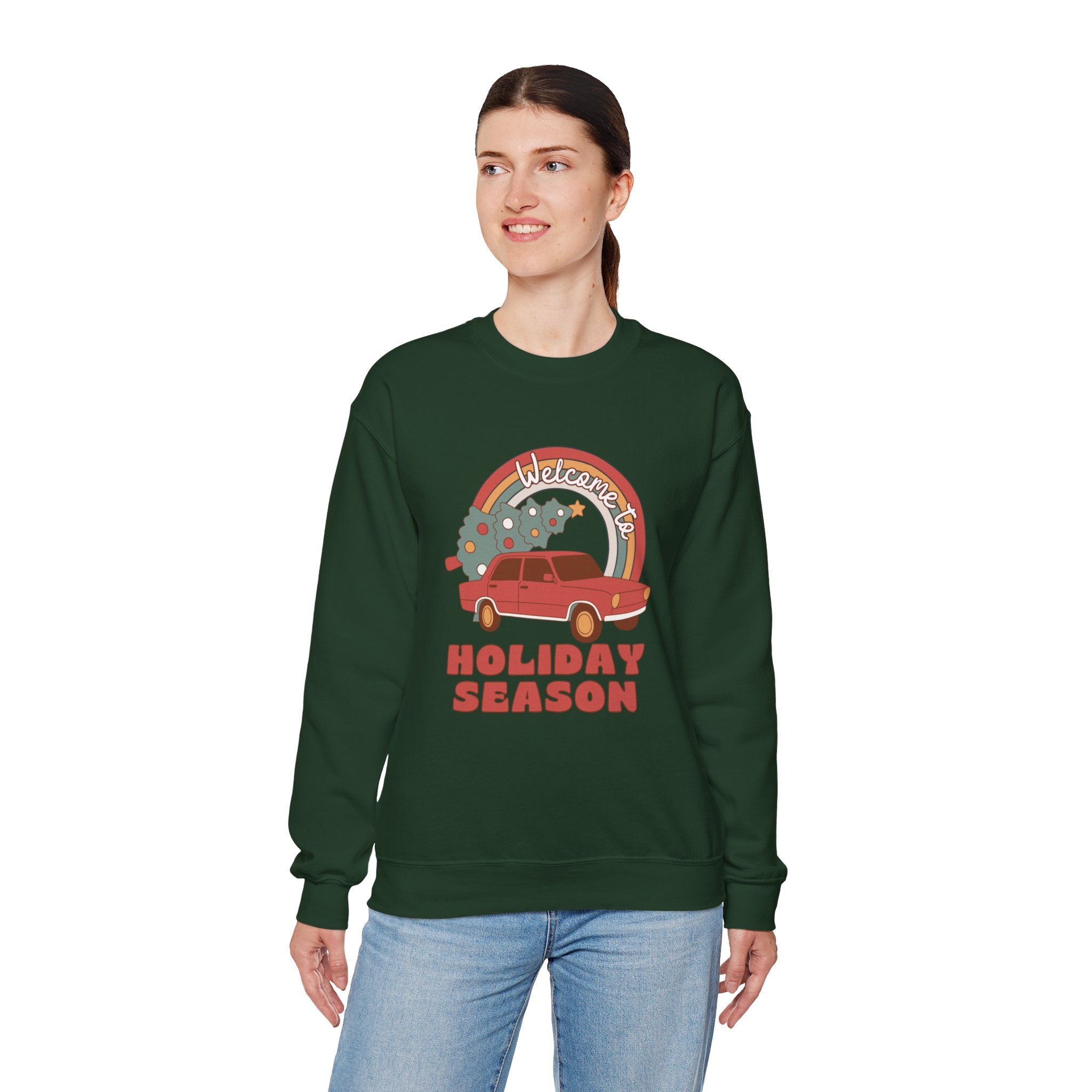 Holiday Season Sweatshirt — Retro Car & Tree Christmas Crewneck