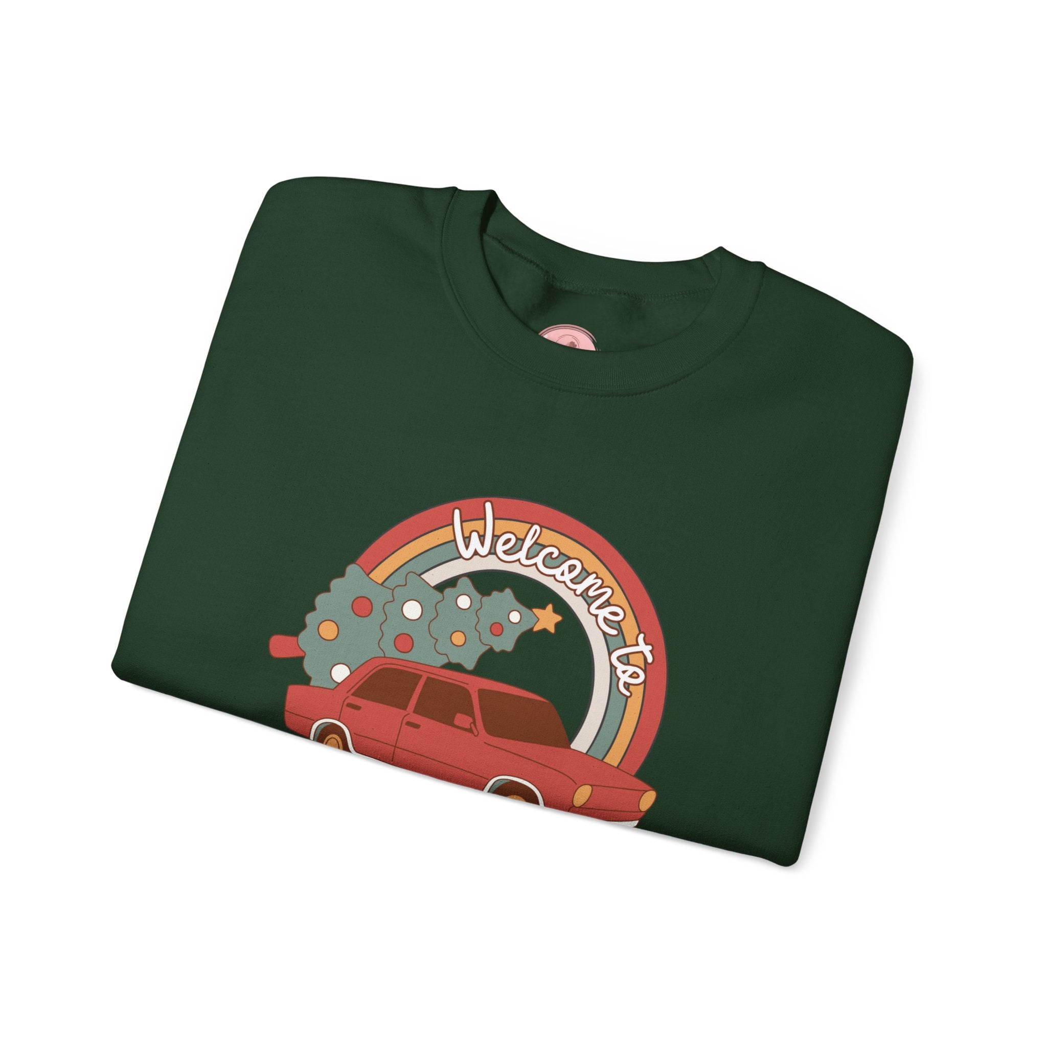 Holiday Season Sweatshirt — Retro Car & Tree Christmas Crewneck