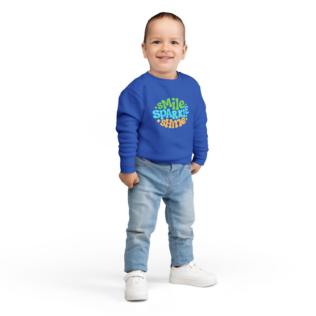 Toddler Sweatshirt – "Smile Sparkle Shine" Retro Rainbow Crewneck