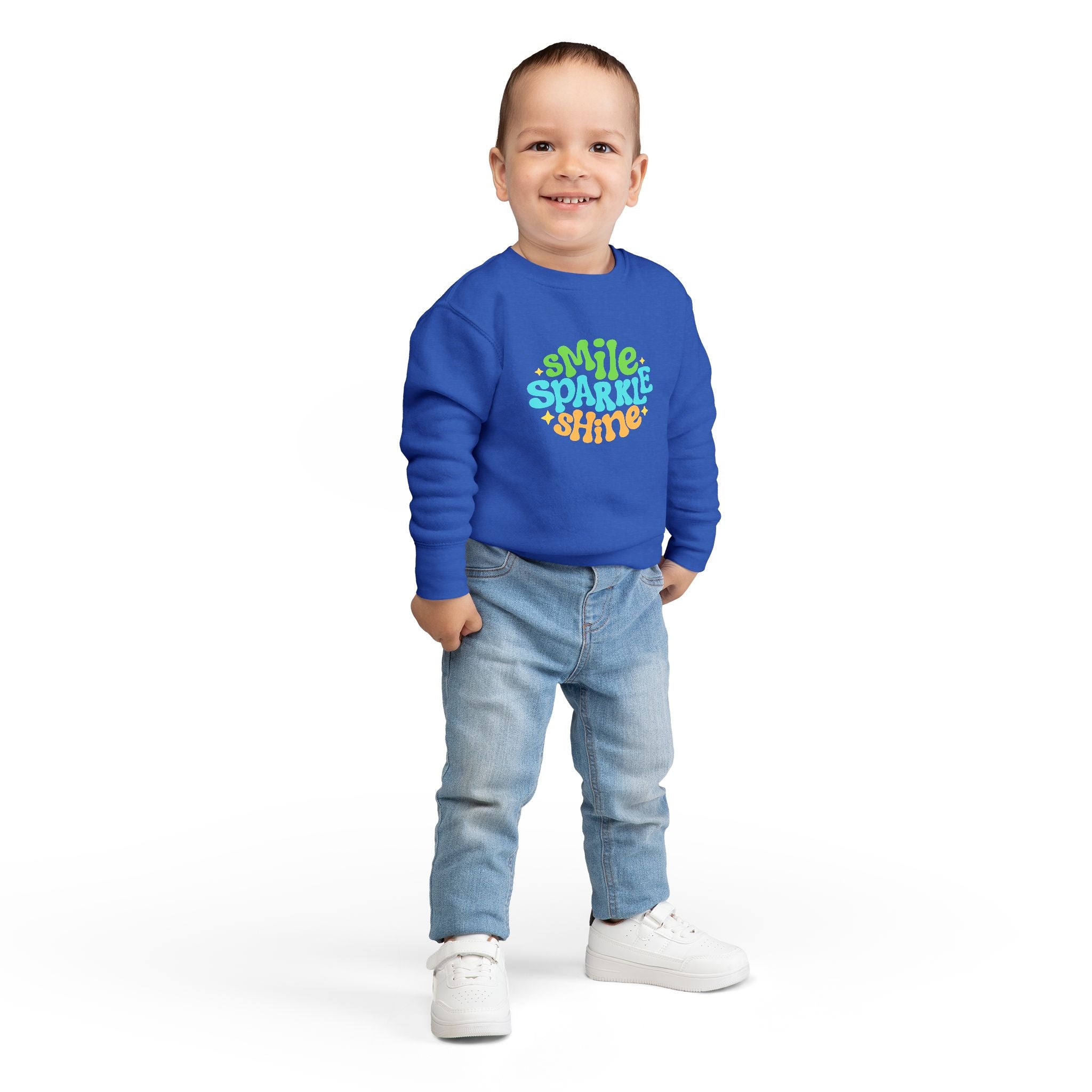 Toddler Sweatshirt – "Smile Sparkle Shine" Retro Rainbow Crewneck
