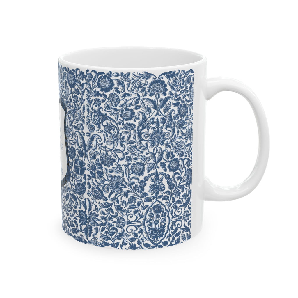 Mother’s Day Ceramic Mug – Blue Vintage Floral with 'So Much of Who I Am Is Because of Who You Are' Message