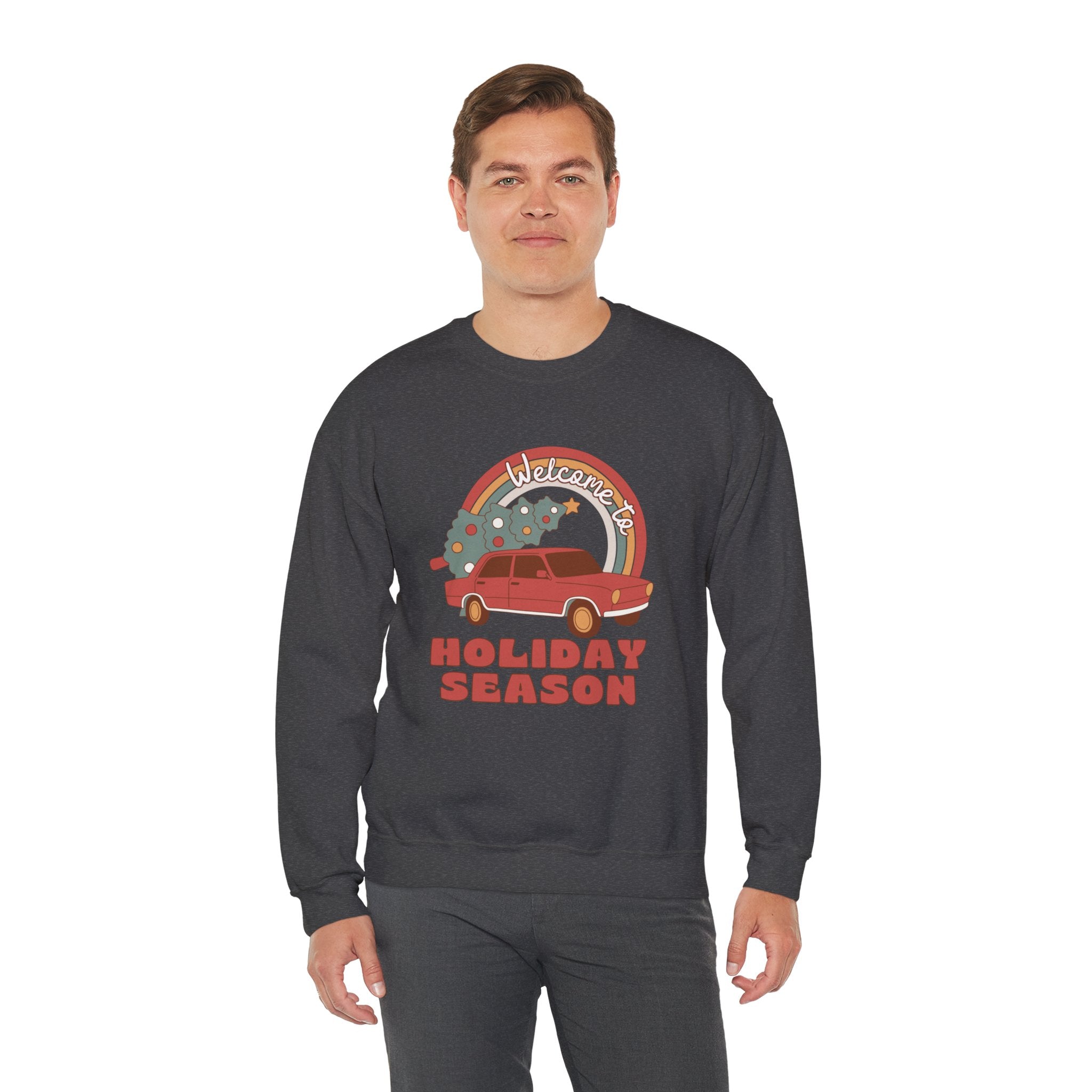 Holiday Season Sweatshirt — Retro Car & Tree Christmas Crewneck