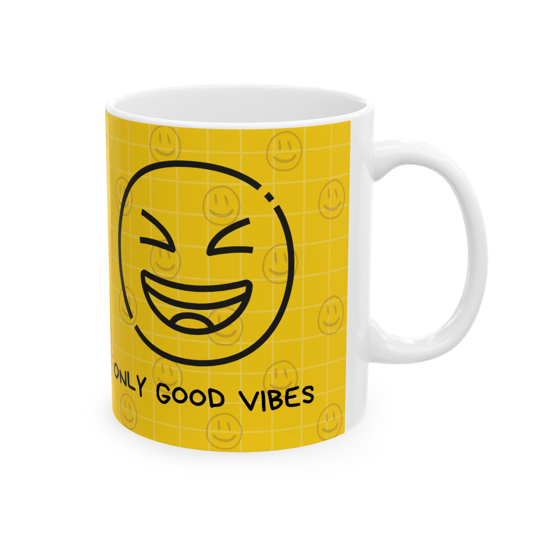 Only Good Vibes Ceramic Mug – Yellow Smiley Face Coffee Cup (11oz & 15oz)