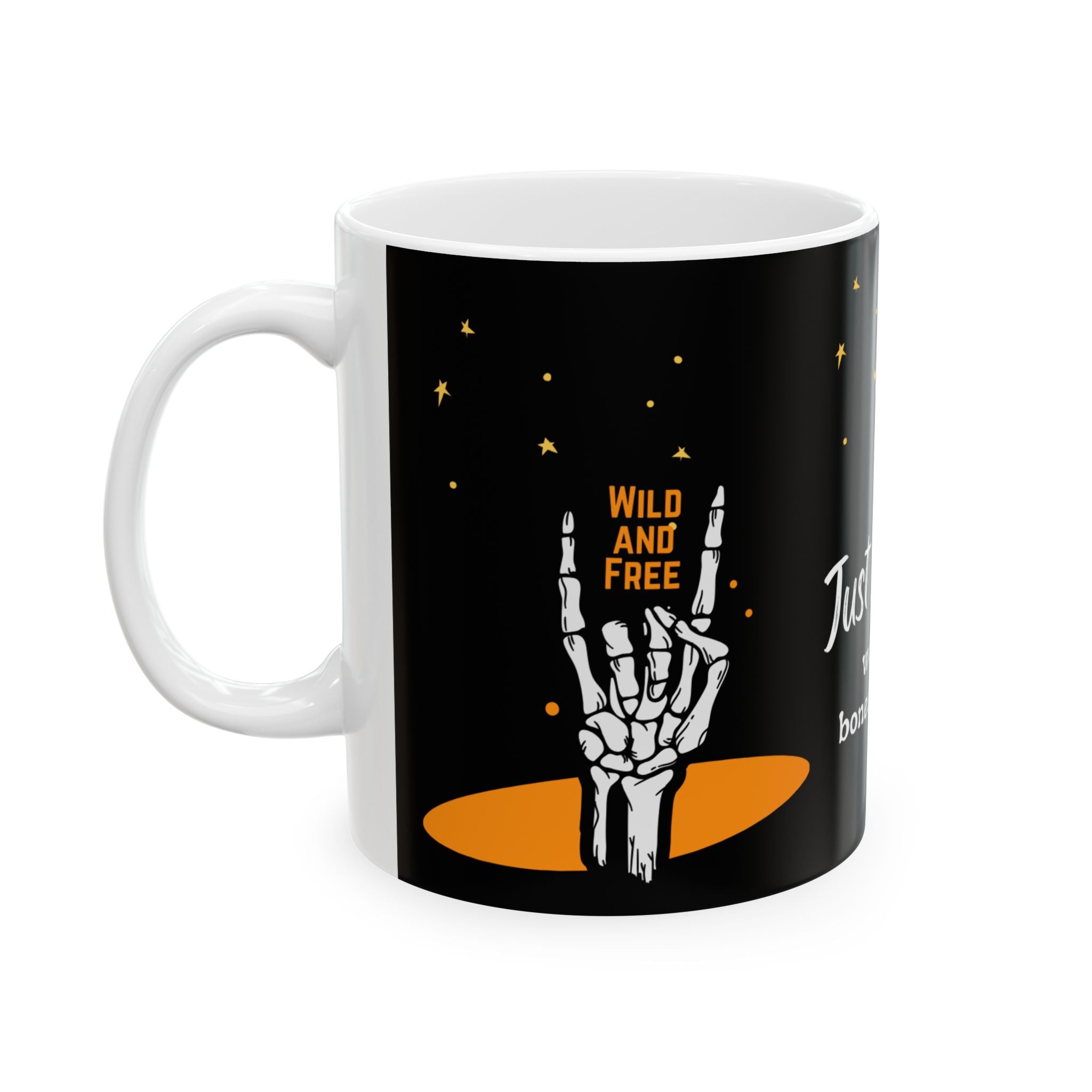 Mug - Dark Starlit Scene and Skeleton Dancers - 'Just Dance - we've got bones to break' Design - 11oz, 15oz