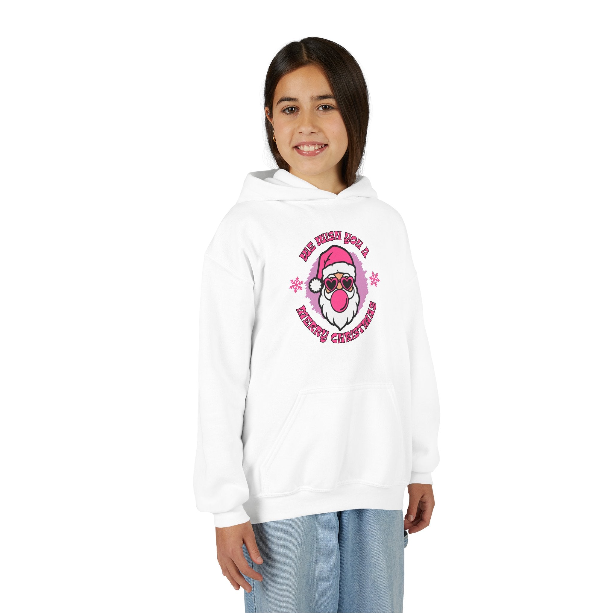 Kids Christmas Hoodie - Pink Sunglasses Santa "He Believes You" Holiday Sweatshirt