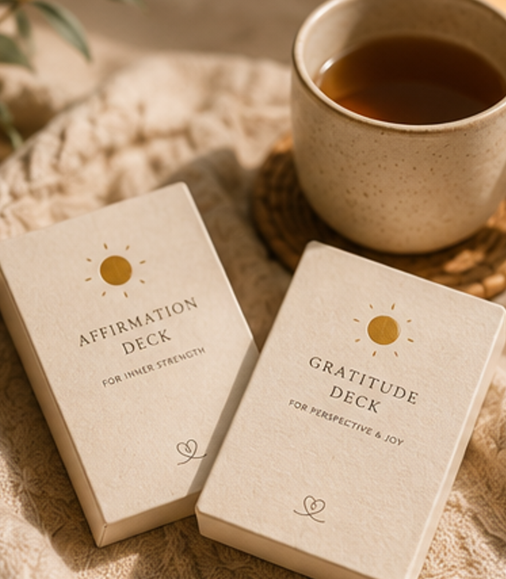Two card decks labeled 'Affirmation Deck' and 'Gratitude Deck' on a textured surface with a cup of tea.